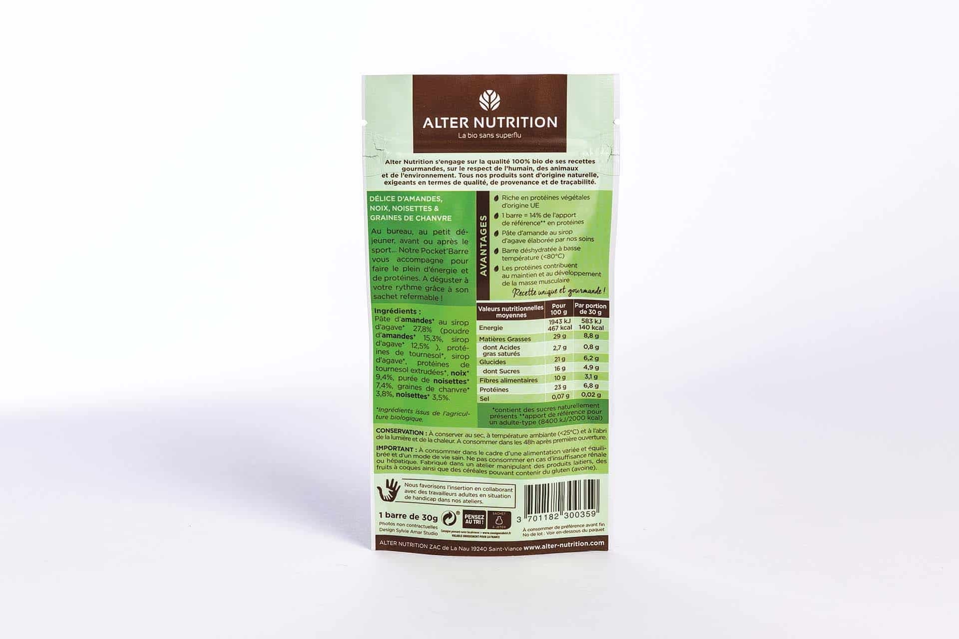barre protéinée pocket barre amande noix noisettes graines de chanvre